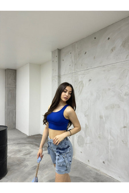 Women's Light Blue Cargo Pocket High Waist Stretch Shorts Jeans - MALLTURK
