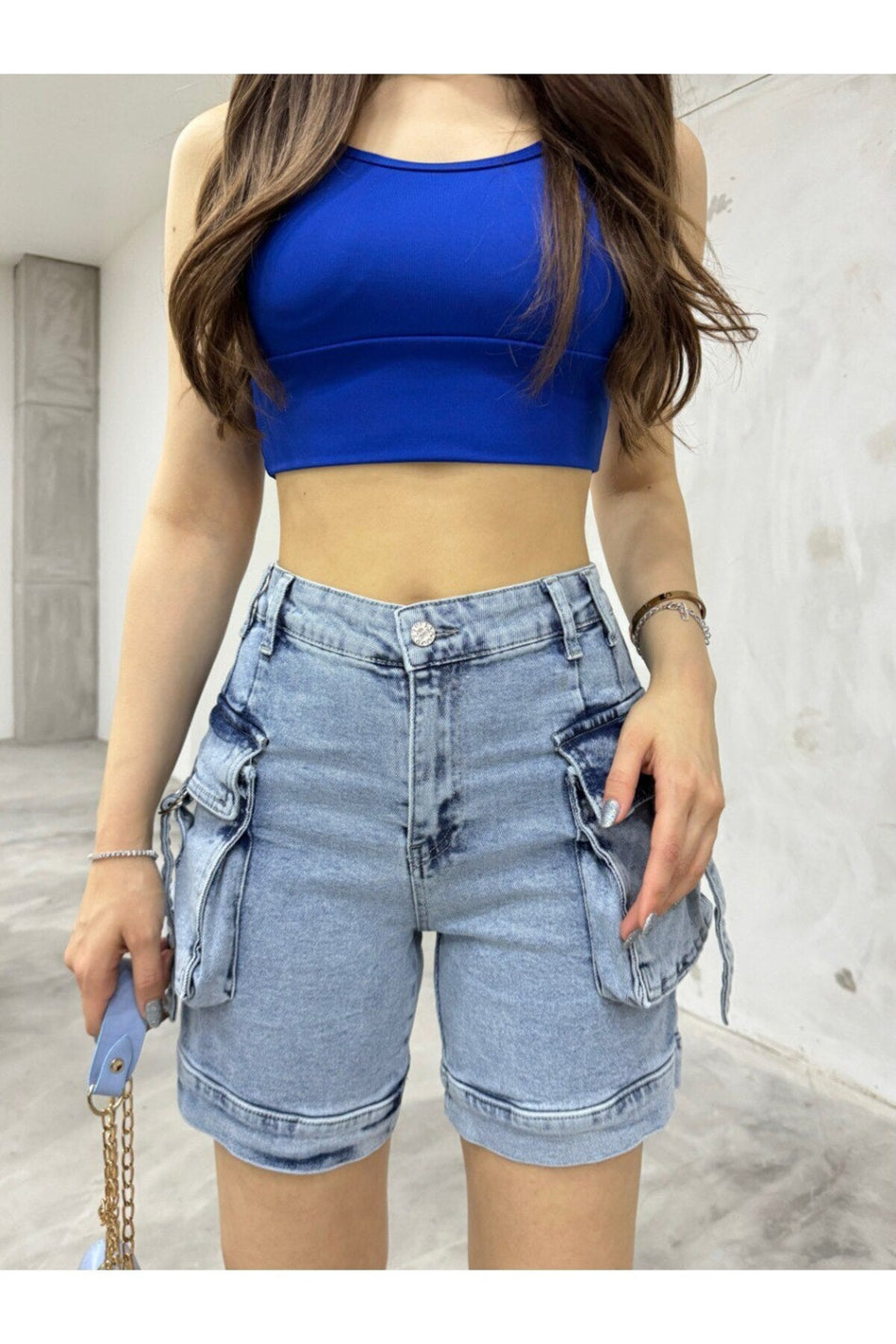 Women's Light Blue Cargo Pocket High Waist Stretch Shorts Jeans - MALLTURK