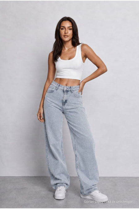 Women's Light Blue High Waist Wide Leg Loose Fitted Palazzo Pants - MALLTURK