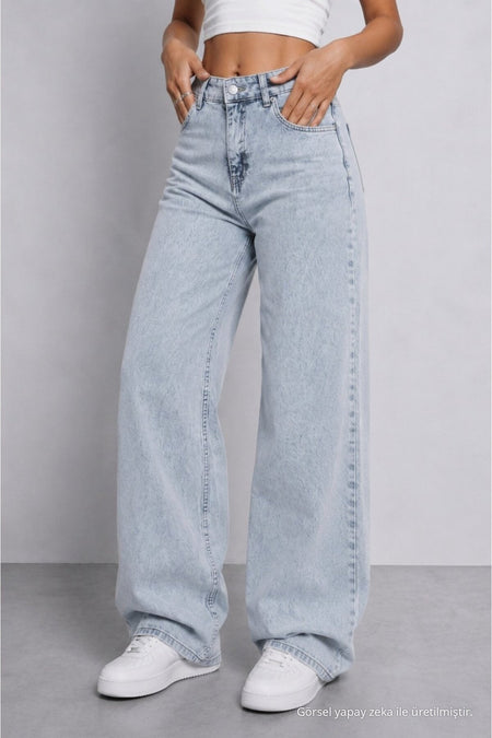 Women's Light Blue High Waist Wide Leg Loose Fitted Palazzo Pants - MALLTURK