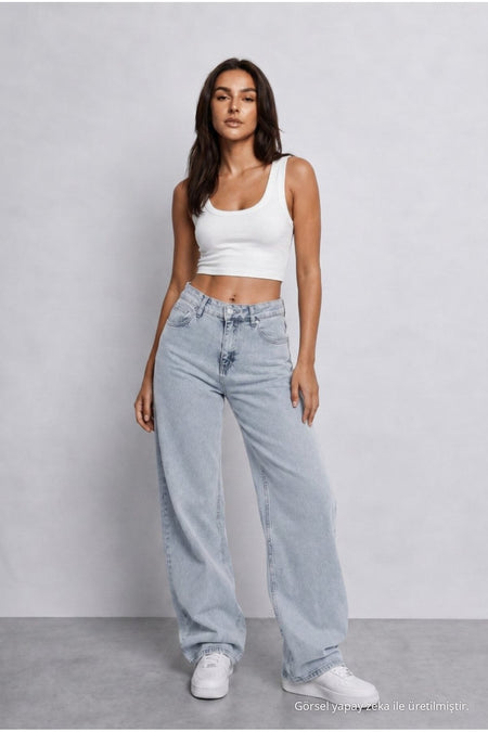 Women's Light Blue High Waist Wide Leg Loose Fitted Palazzo Pants - MALLTURK