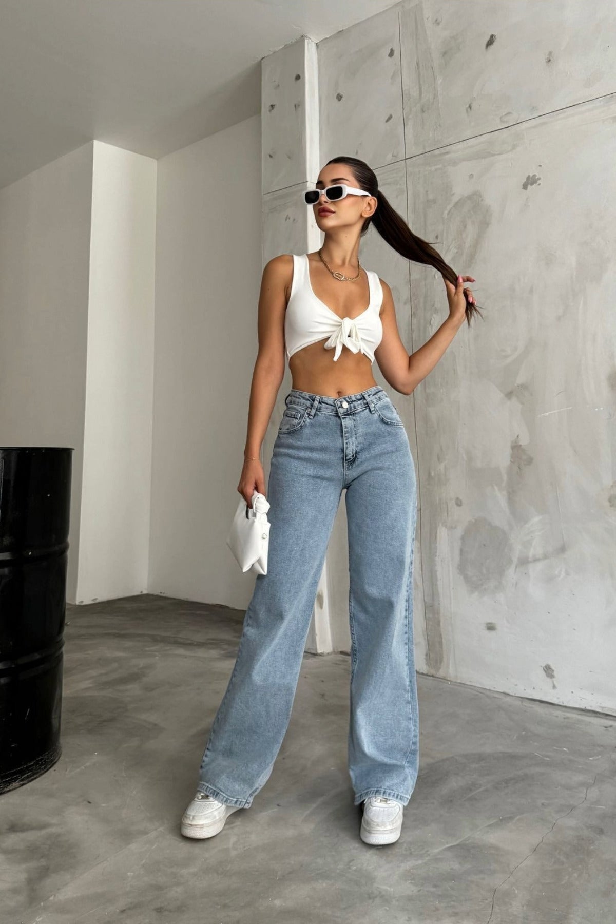 Women's Light Blue High-Waisted Wide-Leg Loose, Casual Palazzo Jeans - MALLTURK