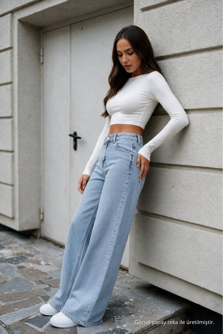 Women's Light Blue Wide Leg High Waist Jeans - MALLTURK