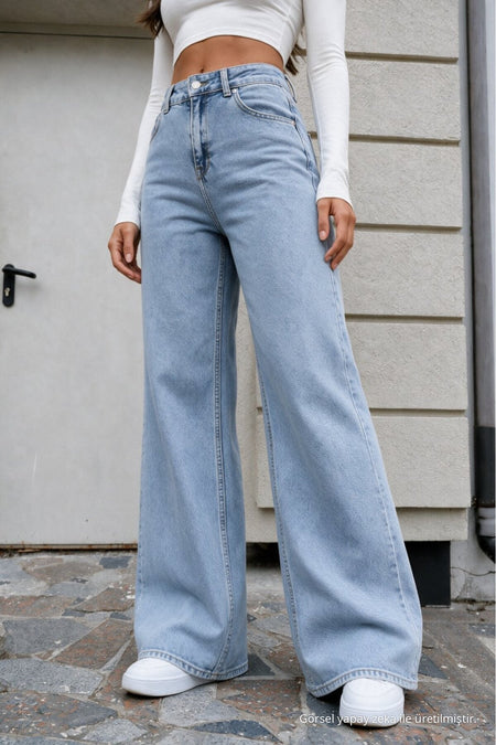 Women's Light Blue Wide Leg High Waist Jeans - MALLTURK