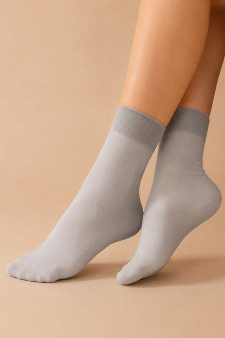 Women's Light Gray Plain Soft Textured Ribbed Ankle Socks - MALLTURK
