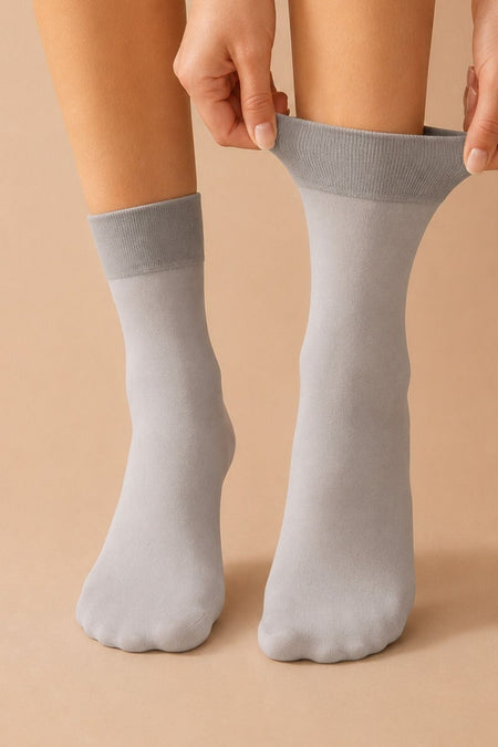 Women's Light Gray Plain Soft Textured Ribbed Ankle Socks - MALLTURK