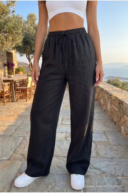 Women's Linen Blend Loose Fit Trousers with Elastic Waistband, Black - MALLTURK