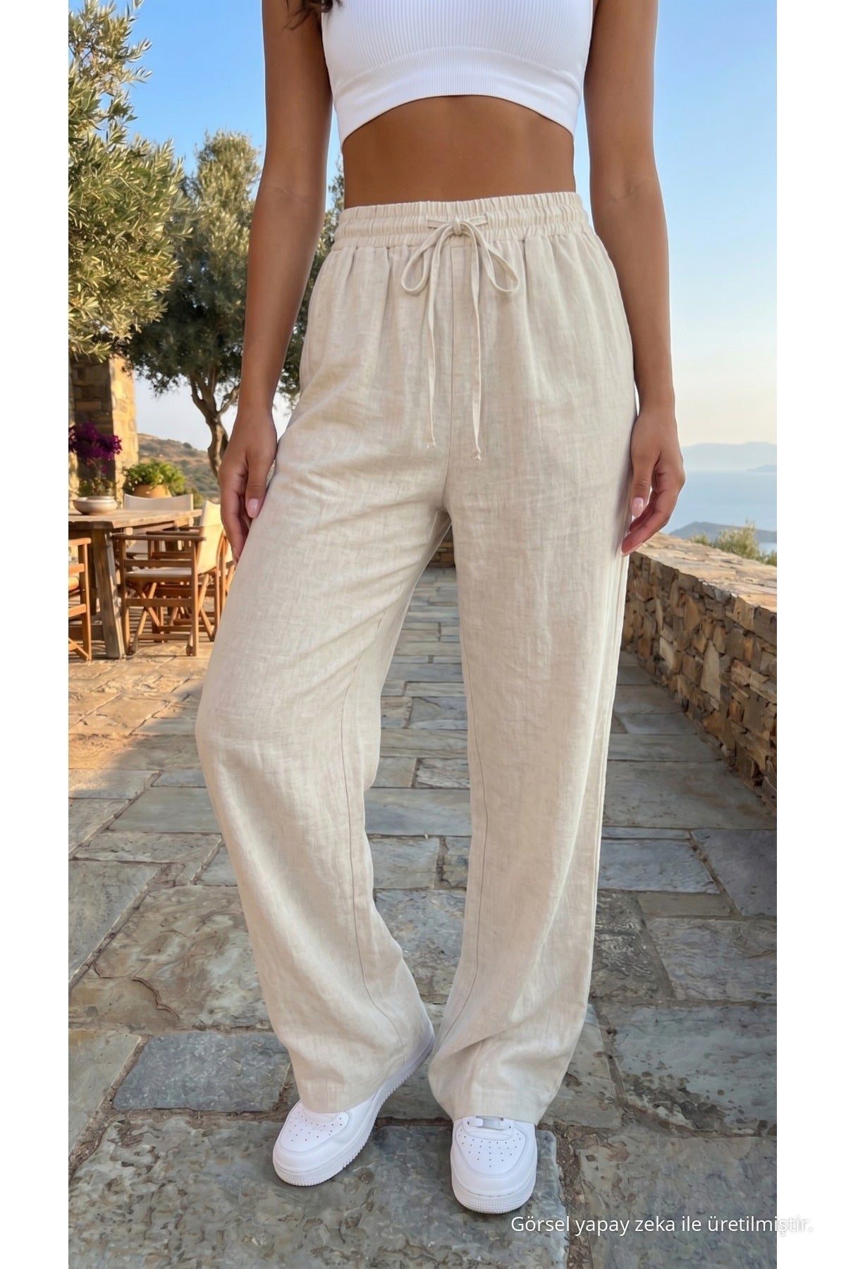 Women's Linen Blend Loose Fit Trousers with Elastic Waistband, Ecru - MALLTURK