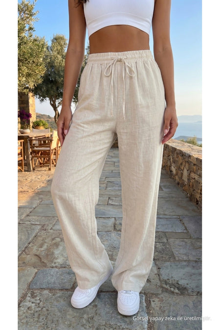 Women's Linen Blend Loose Fit Trousers with Elastic Waistband, Ecru - MALLTURK