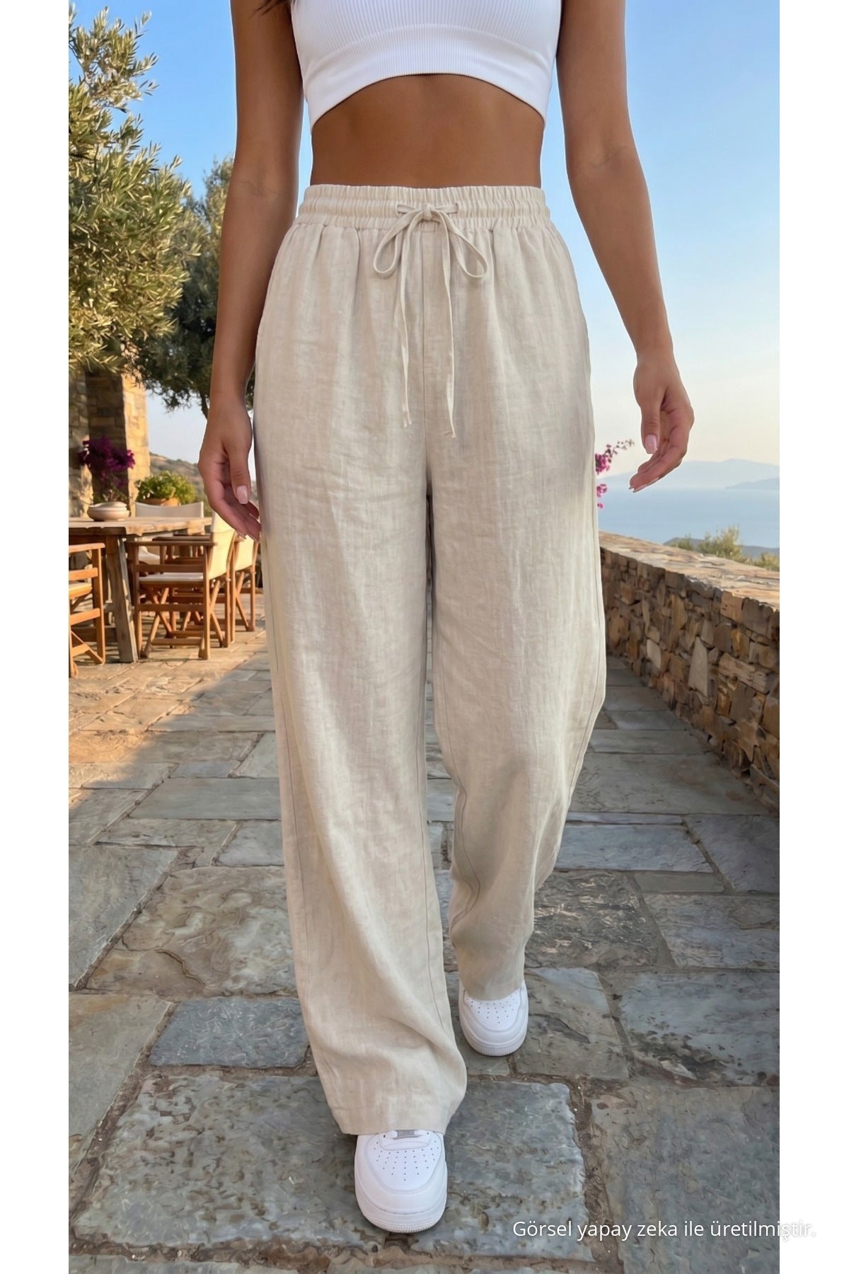 Women's Linen Blend Loose Fit Trousers with Elastic Waistband, Ecru - MALLTURK