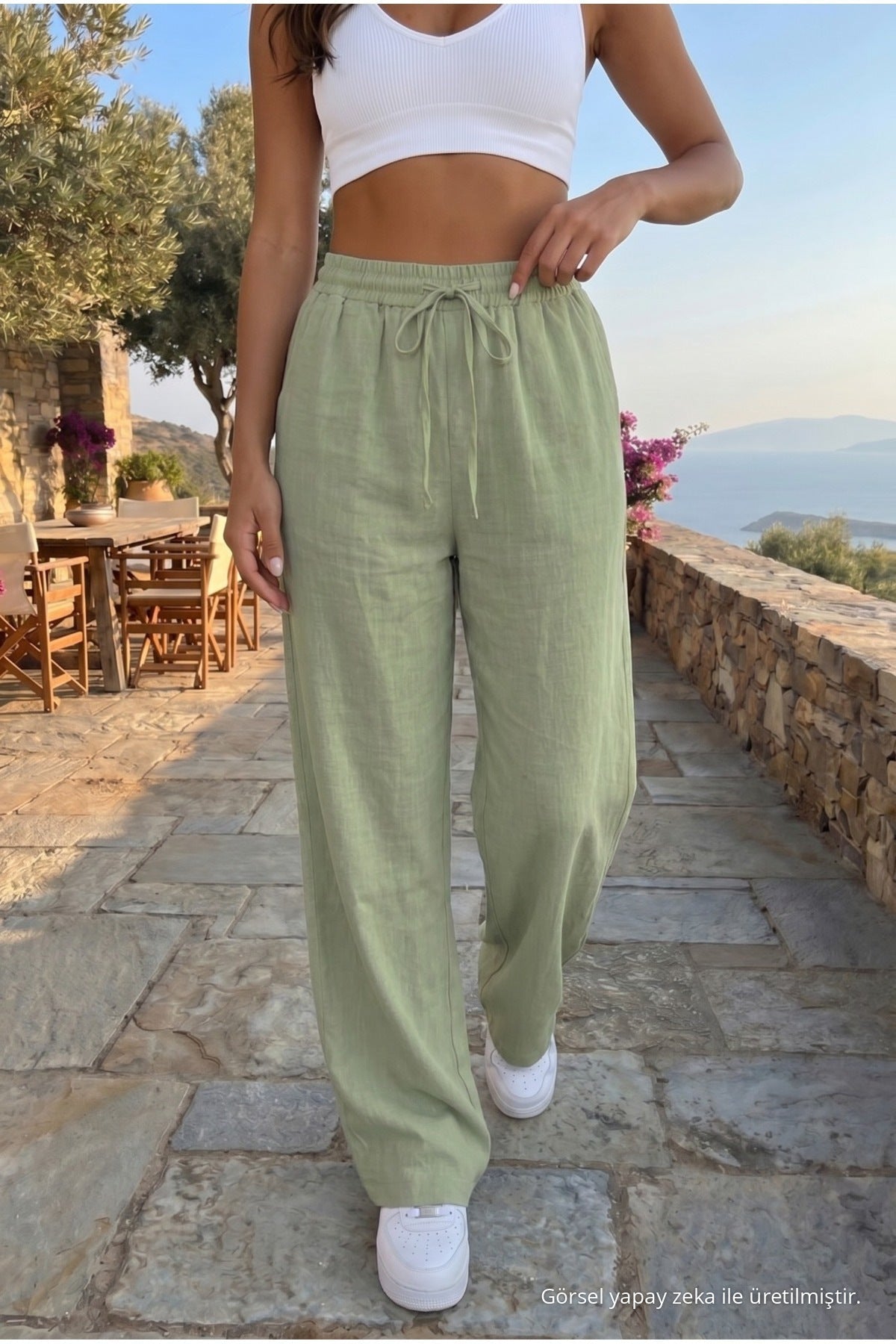 Women's Linen Blend Loose Fit Trousers with Elastic Waistband, Khaki - MALLTURK