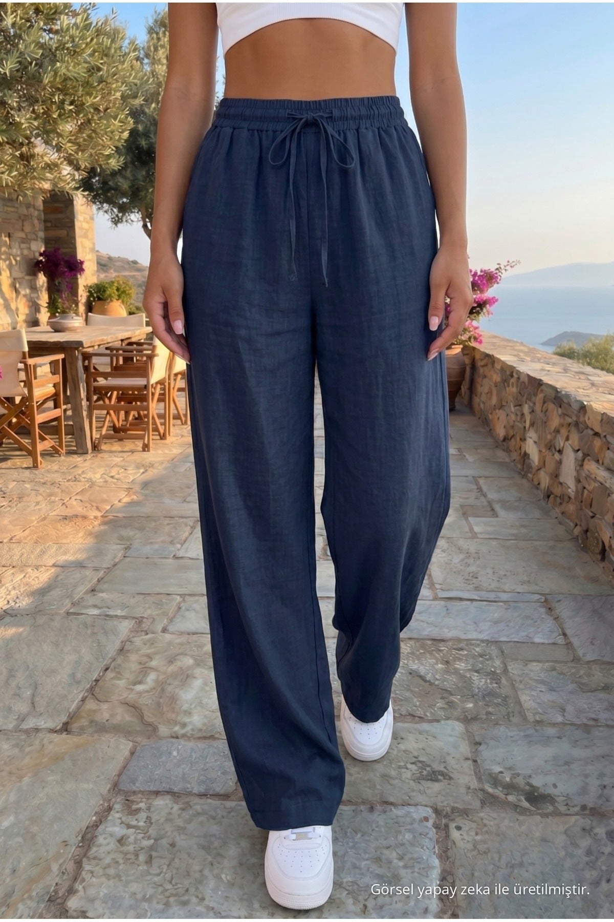 Women's Linen Blend Loose Fit Trousers with Elastic Waistband, Navy Blue - MALLTURK