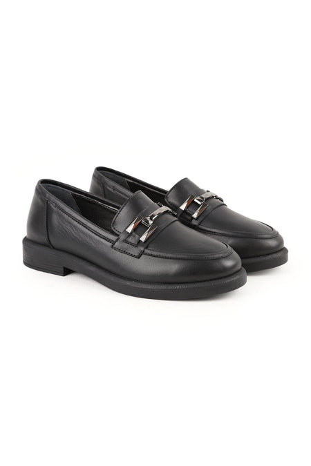 Women's Loafer Daily Comfortable Shoes Black Leather Lightweight Thermo Sole with Metal Accessories L04.702 - MALLTURK