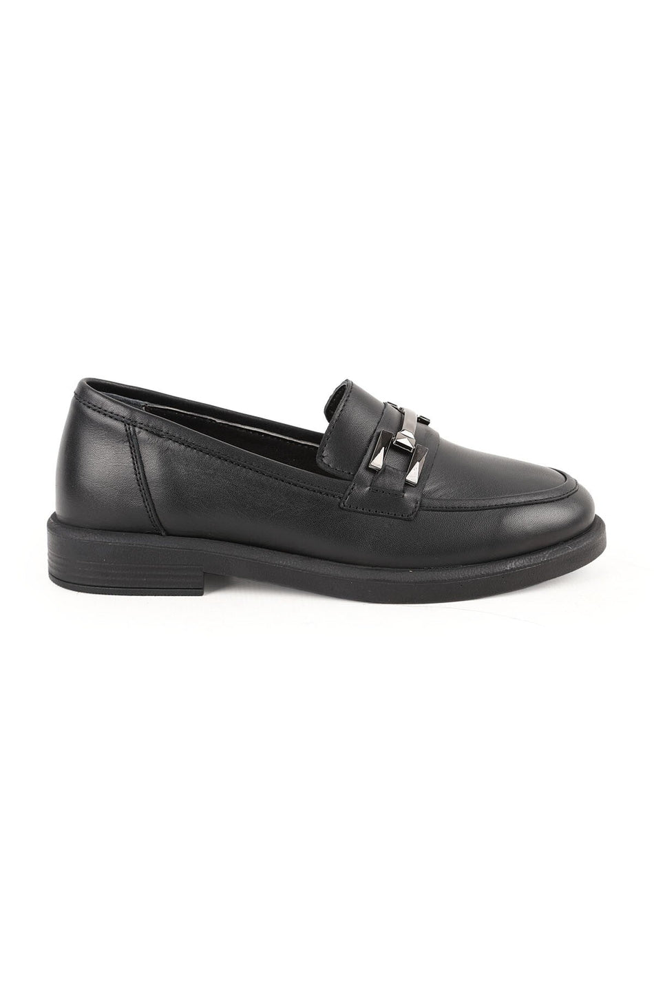 Women's Loafer Daily Comfortable Shoes Black Leather Lightweight Thermo Sole with Metal Accessories L04.702 - MALLTURK