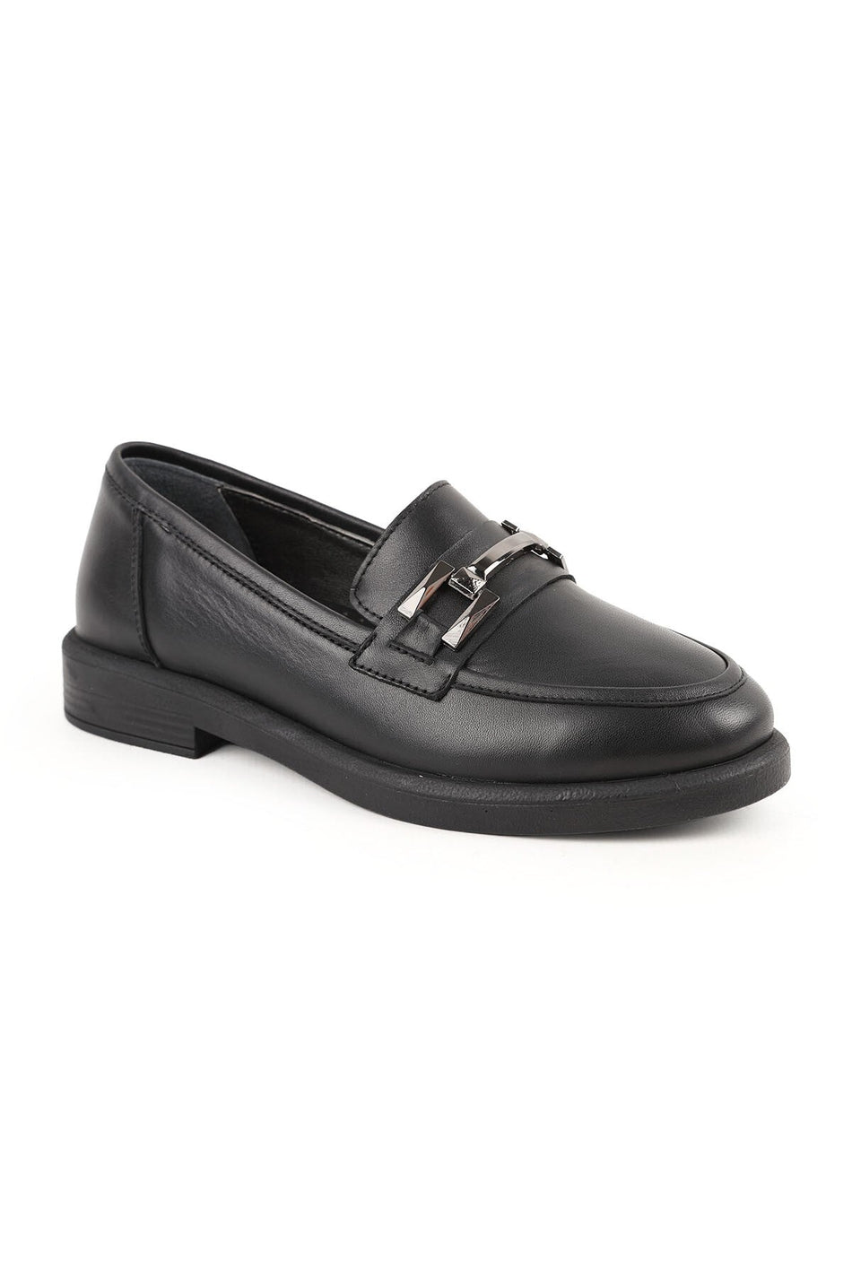 Women's Loafer Daily Comfortable Shoes Black Leather Lightweight Thermo Sole with Metal Accessories L04.702 - MALLTURK