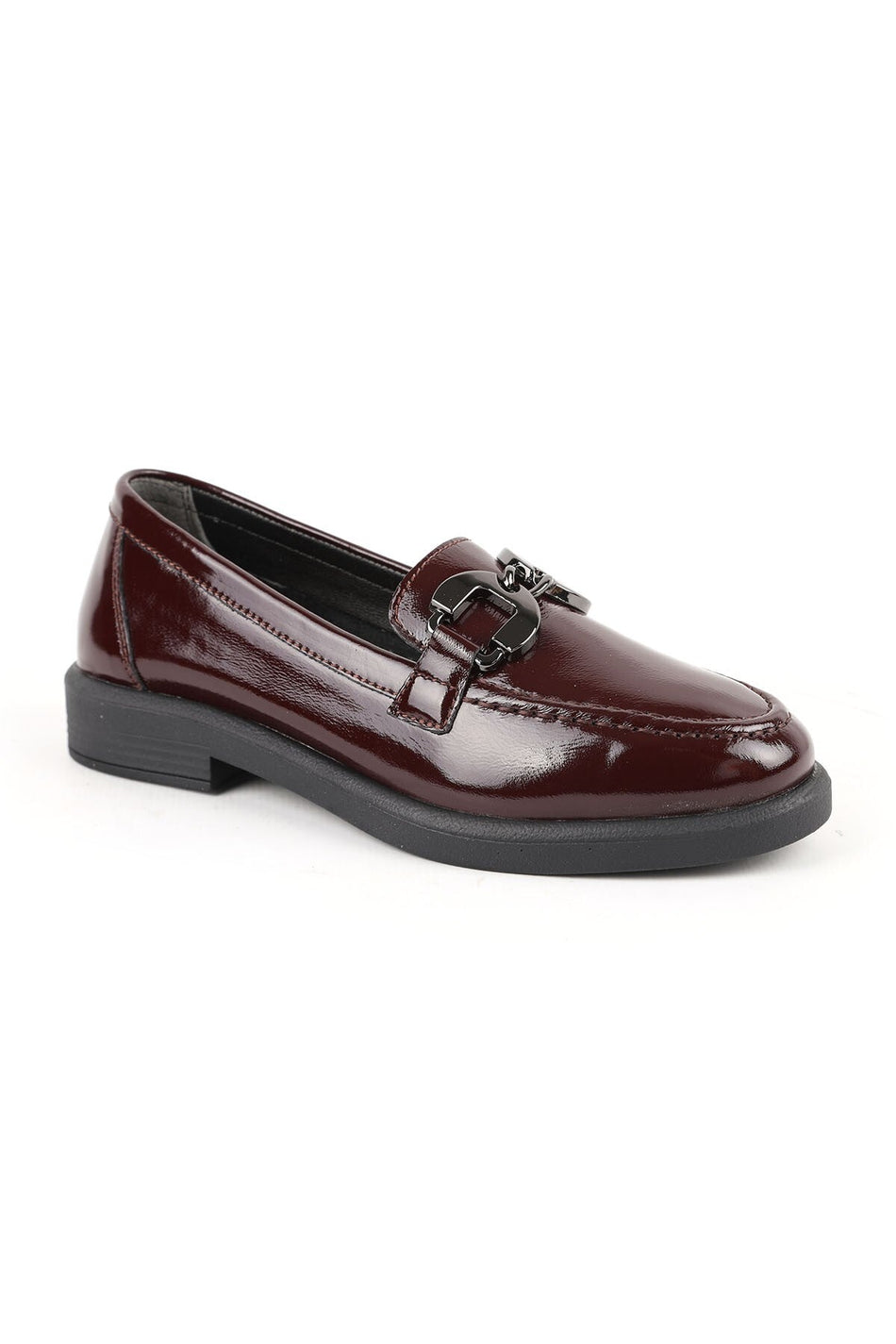 Women's Loafer Daily Comfortable Shoes Burgundy Patent Leather Lightweight Thermo Sole with Metal Accessories L04.706 - MALLTURK
