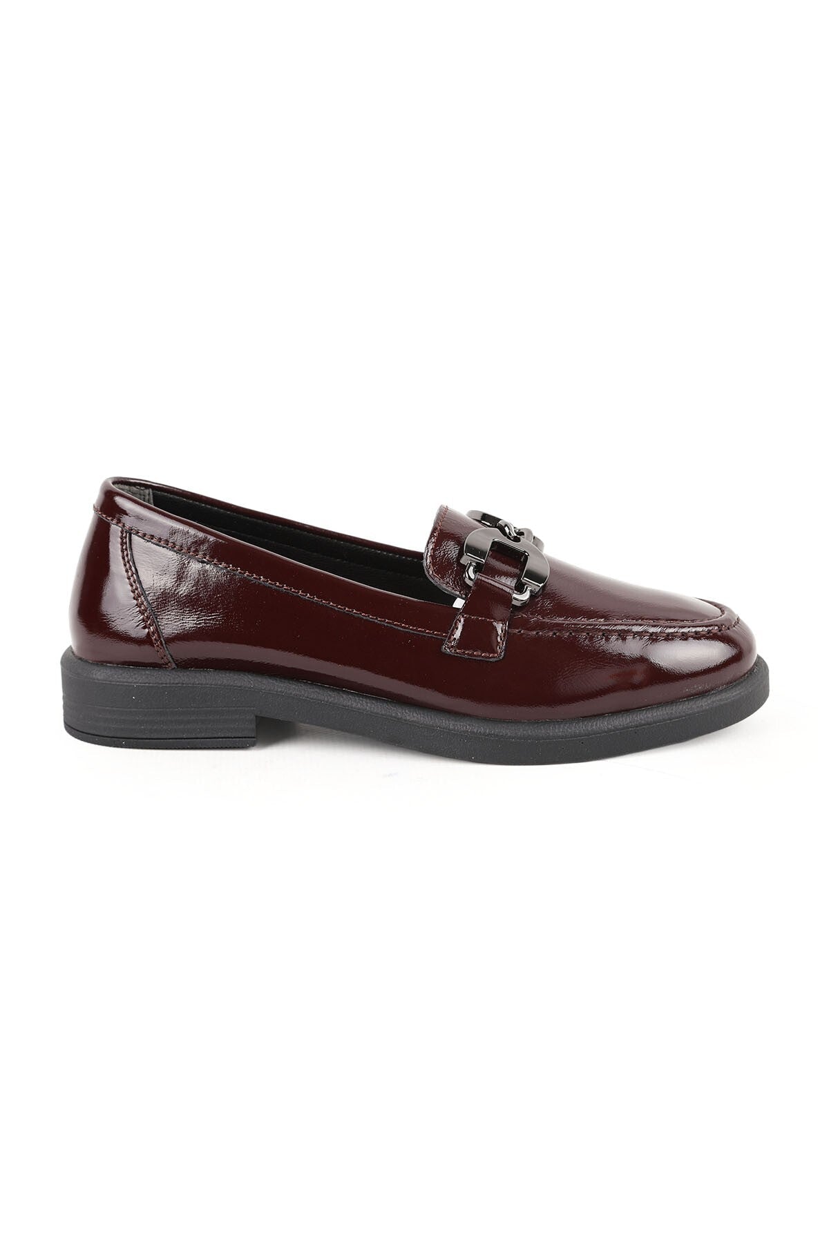 Women's Loafer Daily Comfortable Shoes Burgundy Patent Leather Lightweight Thermo Sole with Metal Accessories L04.706 - MALLTURK