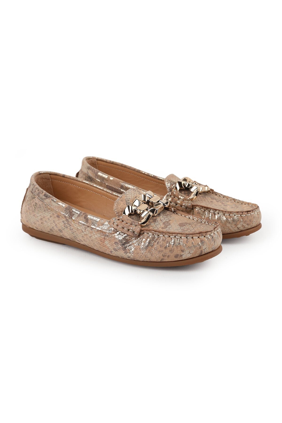 Women's Loafer Mother Shoes Metallic Snake Print Chain Slip-On L031.26109415 - MALLTURK