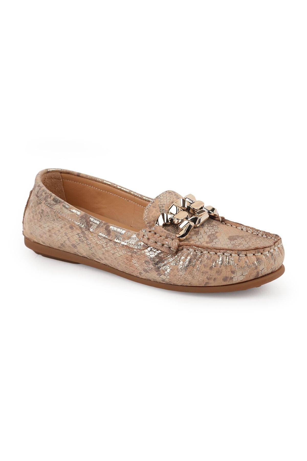 Women's Loafer Mother Shoes Metallic Snake Print Chain Slip-On L031.26109415 - MALLTURK