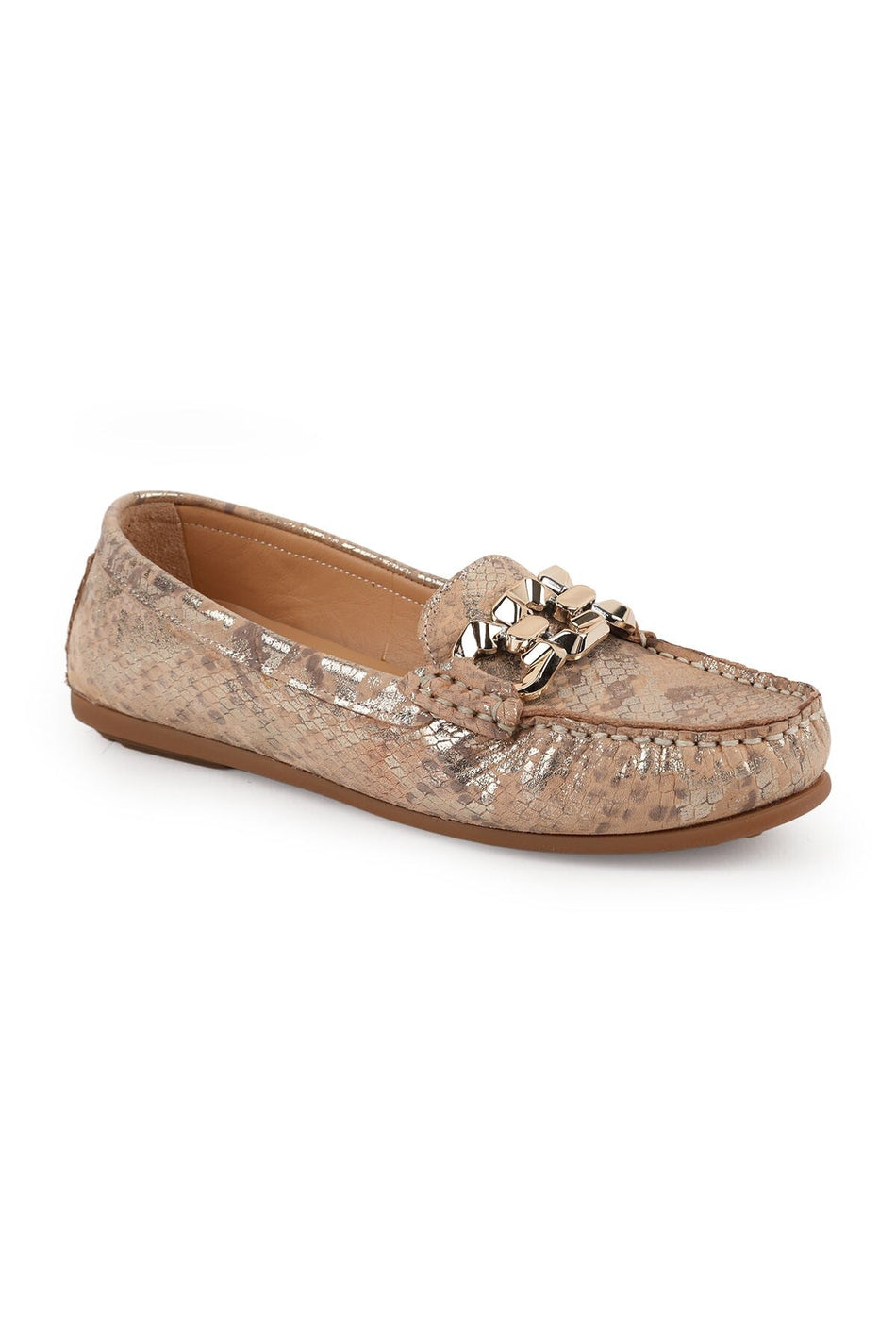Women's Loafer Mother Shoes Metallic Snake Print Chain Slip-On L031.26109415 - MALLTURK