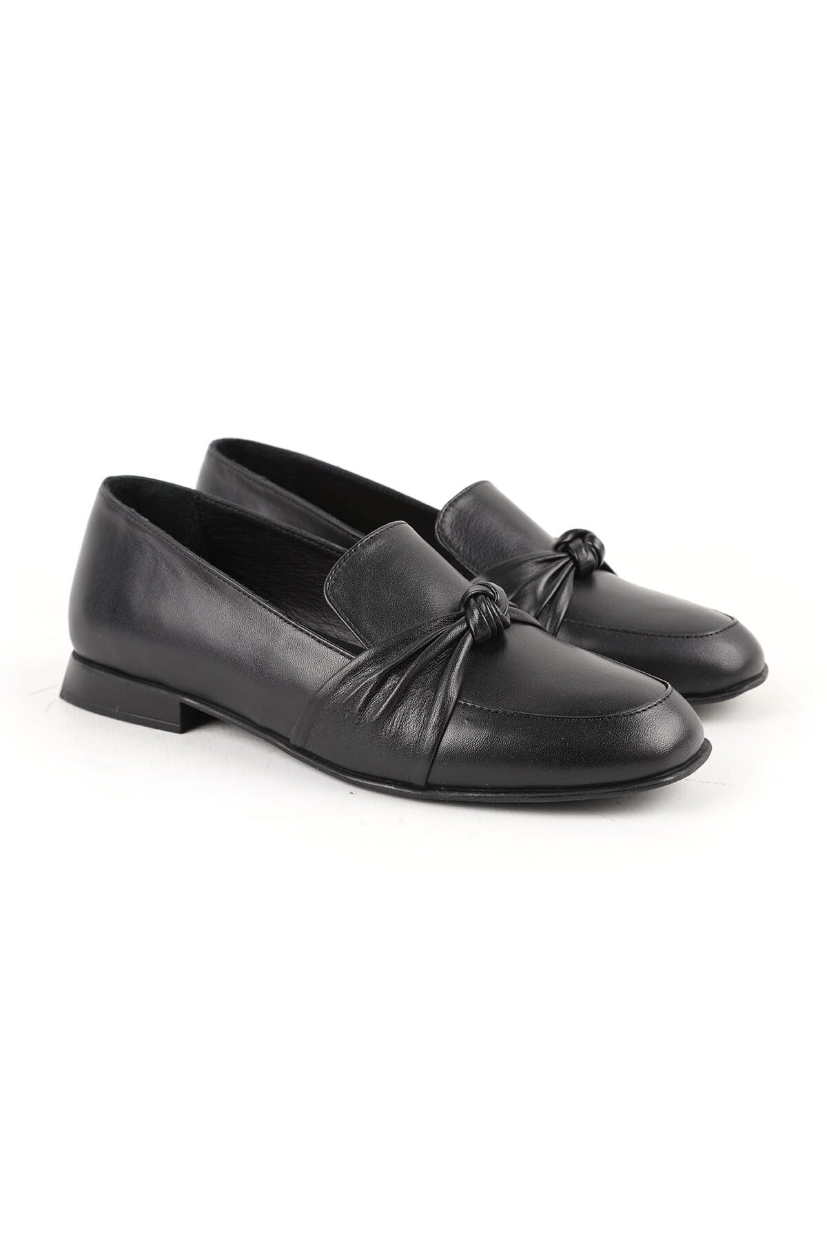 Women's Loafer Shoes Black Genuine Leather Knot Bow Detailed Flat Heel Daily Office Rubber Sole L031 - MALLTURK