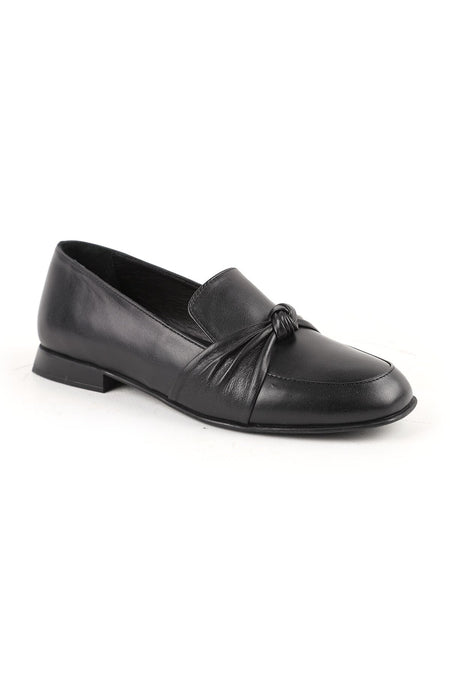 Women's Loafer Shoes Black Genuine Leather Knot Bow Detailed Flat Heel Daily Office Rubber Sole L031 - MALLTURK