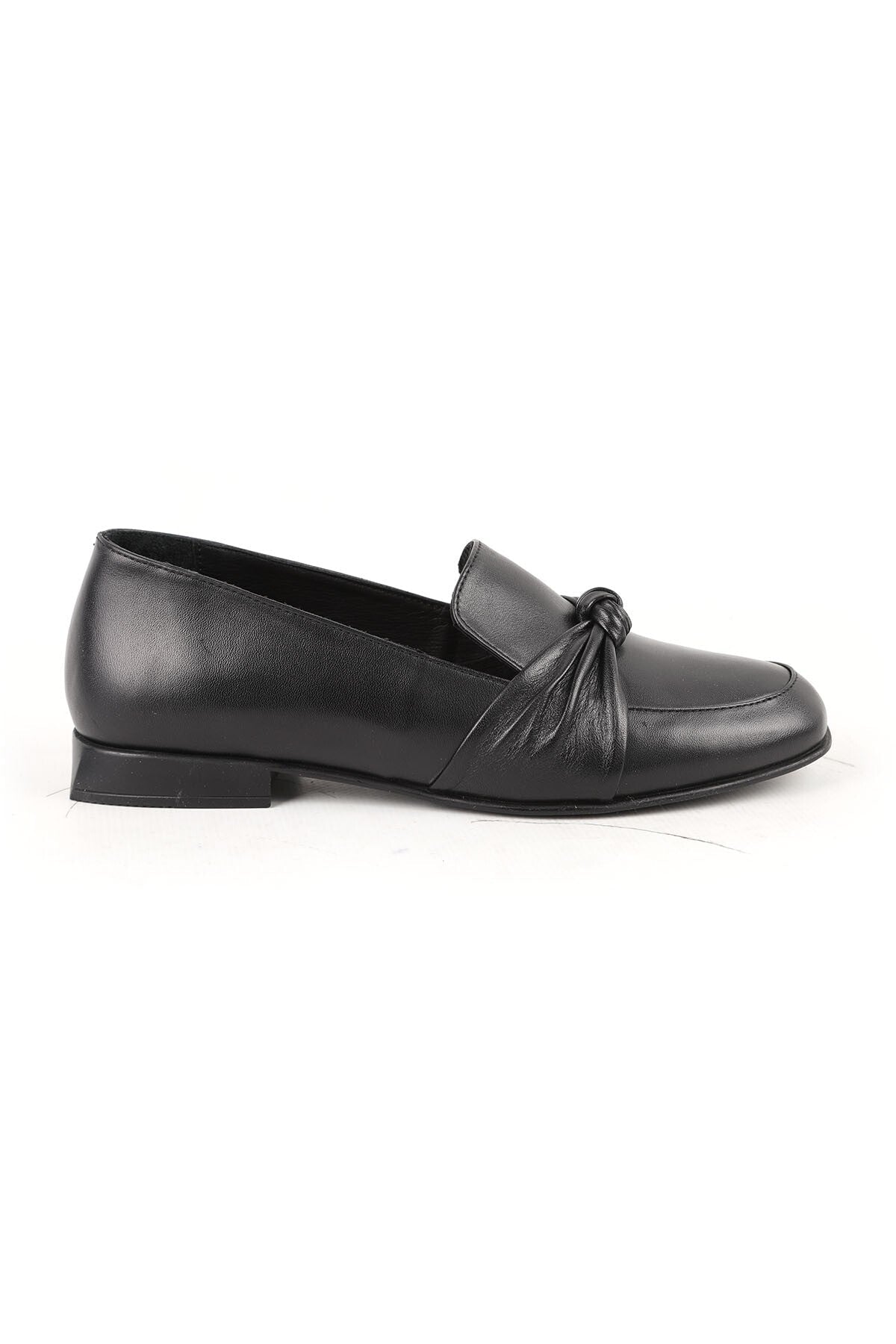 Women's Loafer Shoes Black Genuine Leather Knot Bow Detailed Flat Heel Daily Office Rubber Sole L031 - MALLTURK