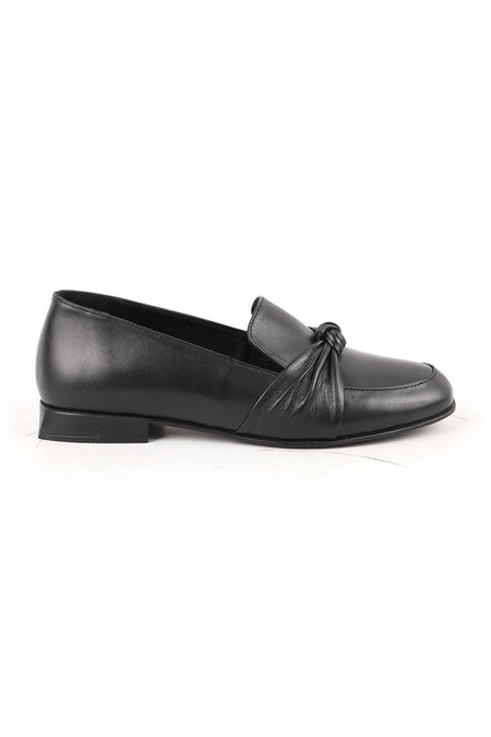 Women's Loafer Shoes Black Genuine Leather Knot Bow Detailed Flat Heel Daily Office Rubber Sole L031 - MALLTURK
