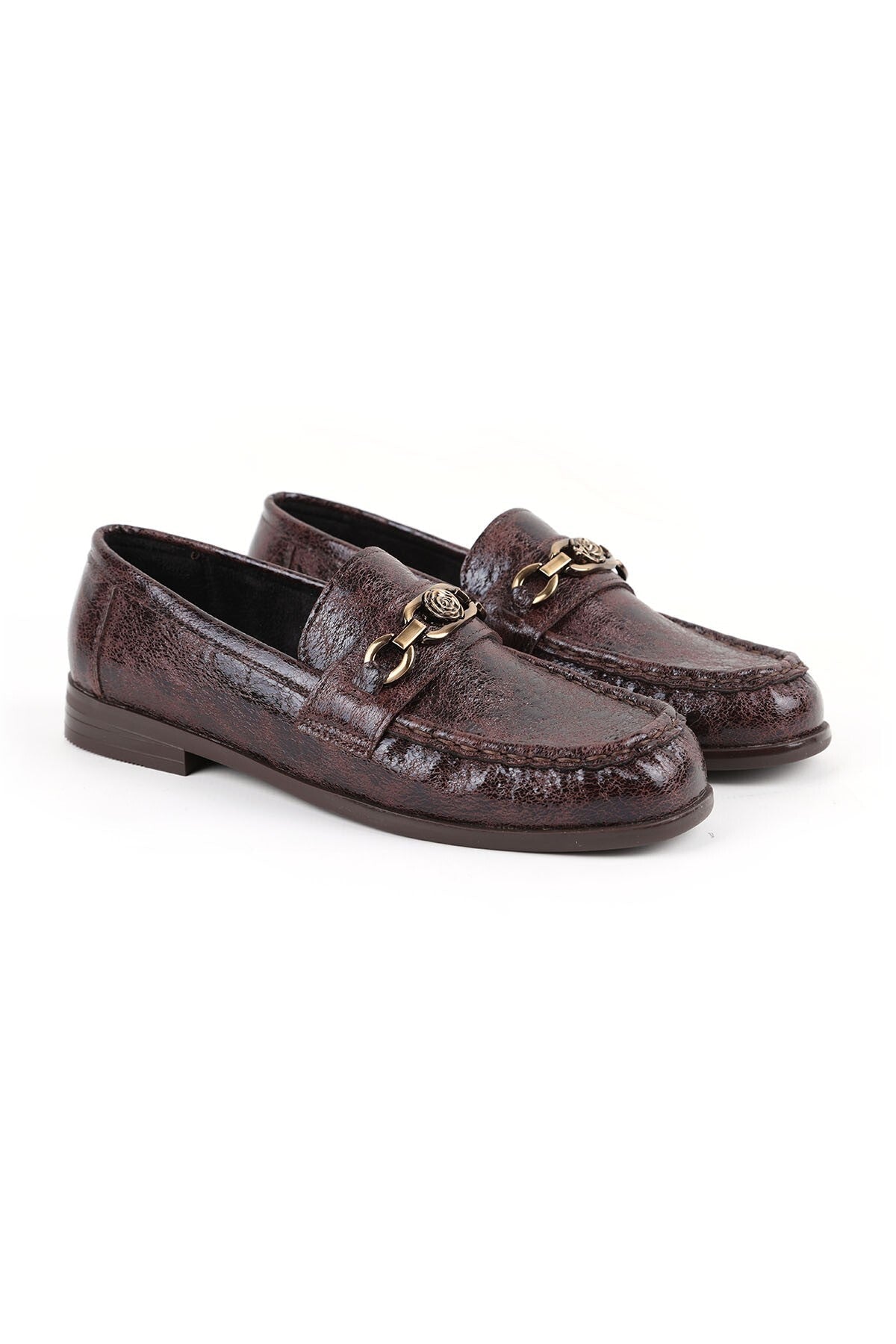 Women's Loafer Shoes Shiny Crocodile Patterned Rose Figured Metal Buckle Stylish Office Comfortable Tpu Sole 85.K012 - MALLTURK