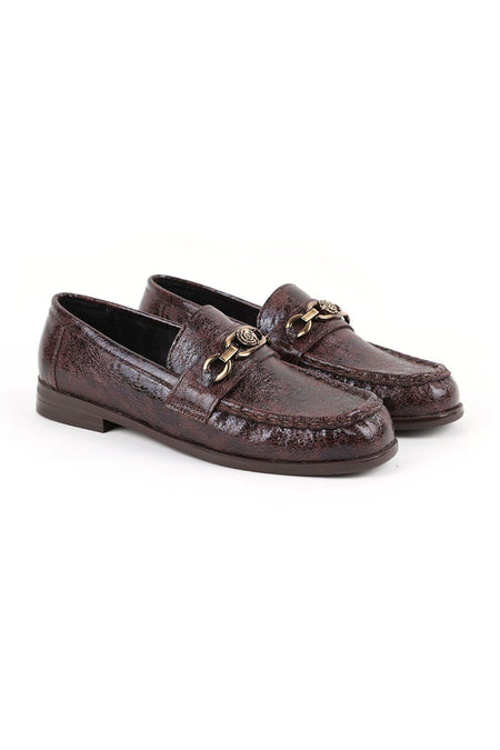Women's Loafer Shoes Shiny Crocodile Patterned Rose Figured Metal Buckle Stylish Office Comfortable Tpu Sole 85.K012 - MALLTURK
