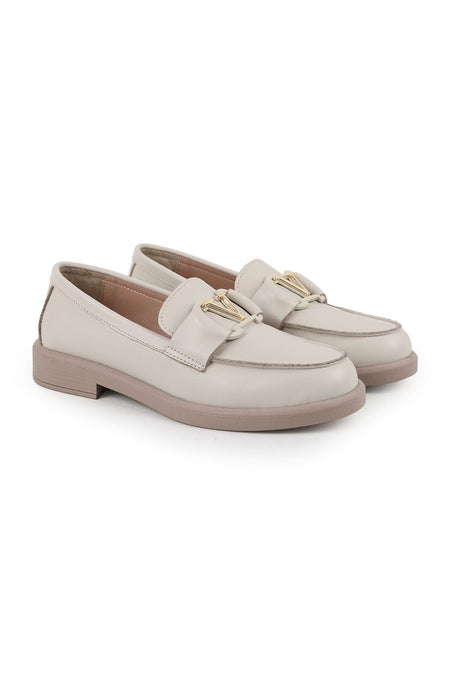 Women's Loafer Shoes Smooth Leather Metal'V' Buckle Classic Daily Moccasin L061.2121-V - MALLTURK