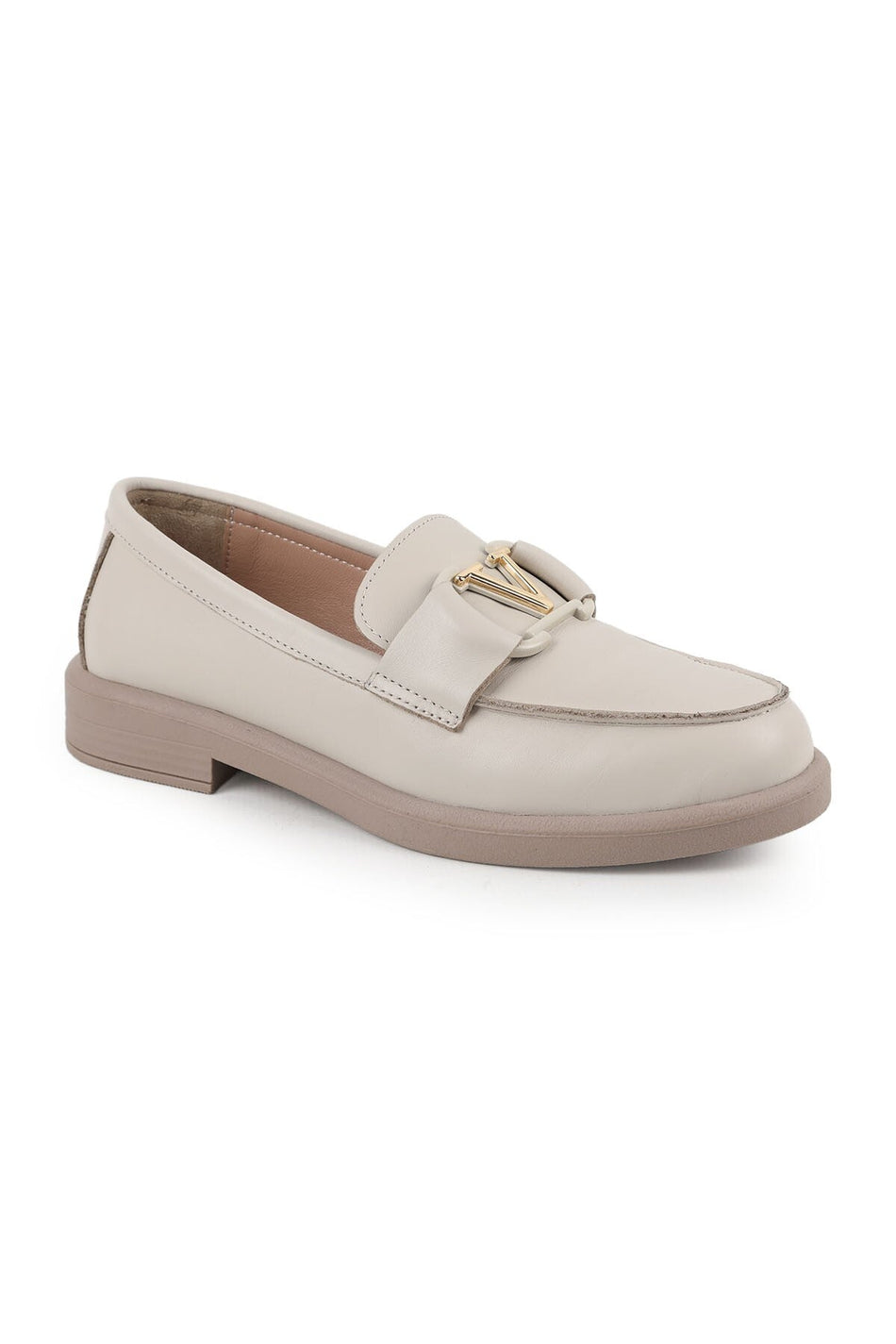 Women's Loafer Shoes Smooth Leather Metal'V' Buckle Classic Daily Moccasin L061.2121-V - MALLTURK