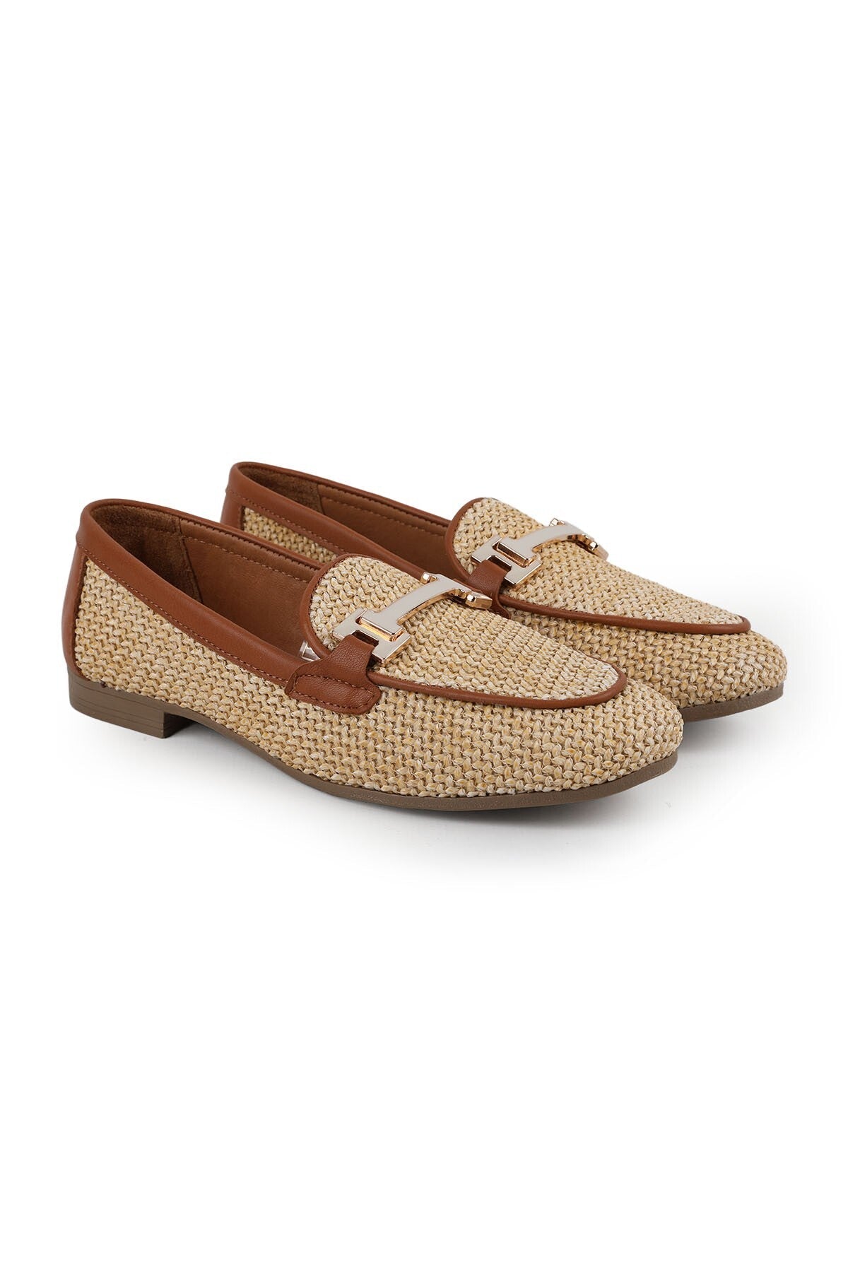 Women's Loafer Shoes Straw Textured Metal Buckle Stylish Office Daily Comfortable Thermo Sole L081.24216 - MALLTURK