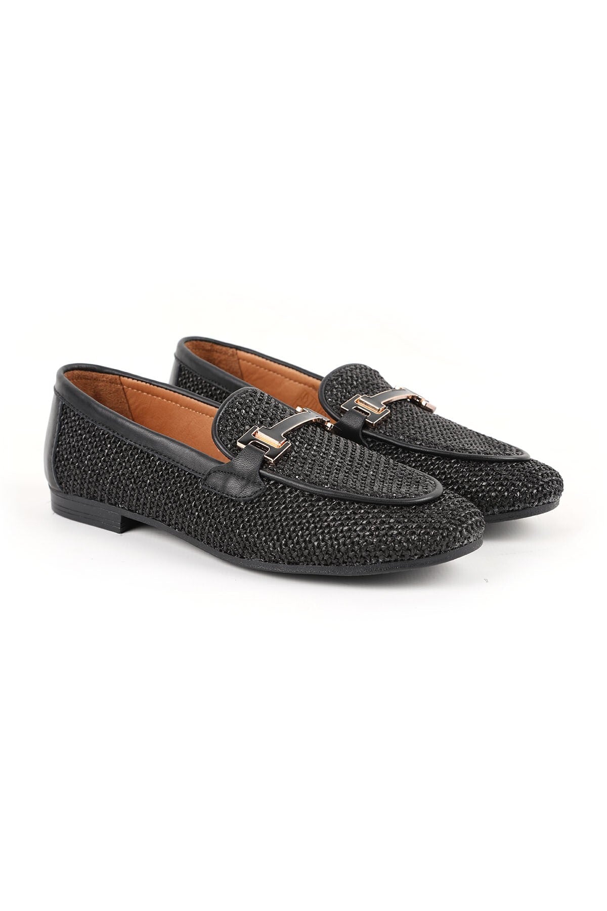 Women's Loafer Shoes Straw Textured Metal Buckle Stylish Office Daily Comfortable Thermo Sole L081.24216 - MALLTURK