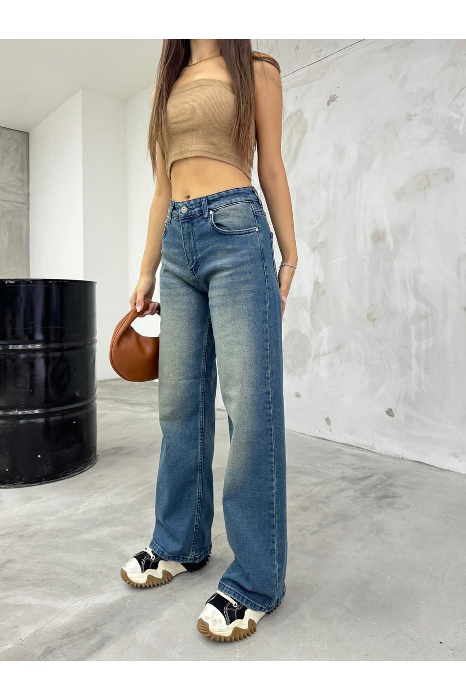 Women's Loose Fit Faded Effect Straight Fit Baggy Jeans Light Navy - MALLTURK