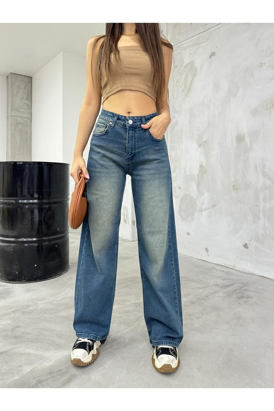 Women's Loose Fit Faded Effect Straight Fit Baggy Jeans Light Navy - MALLTURK
