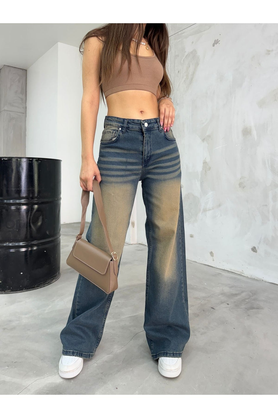 Women's Loose Fit Faded Effect Straight Fit Baggy Jeans Navy Blue - MALLTURK