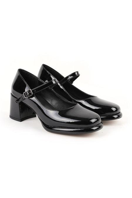 Women's Mary Jane Heels Shoes Shiny Patent Leather Thick Block Heel Closed Blunt Toe Classic L085.K100 - MALLTURK
