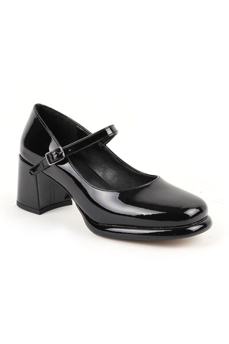 Women's Mary Jane Heels Shoes Shiny Patent Leather Thick Block Heel Closed Blunt Toe Classic L085.K100 - MALLTURK