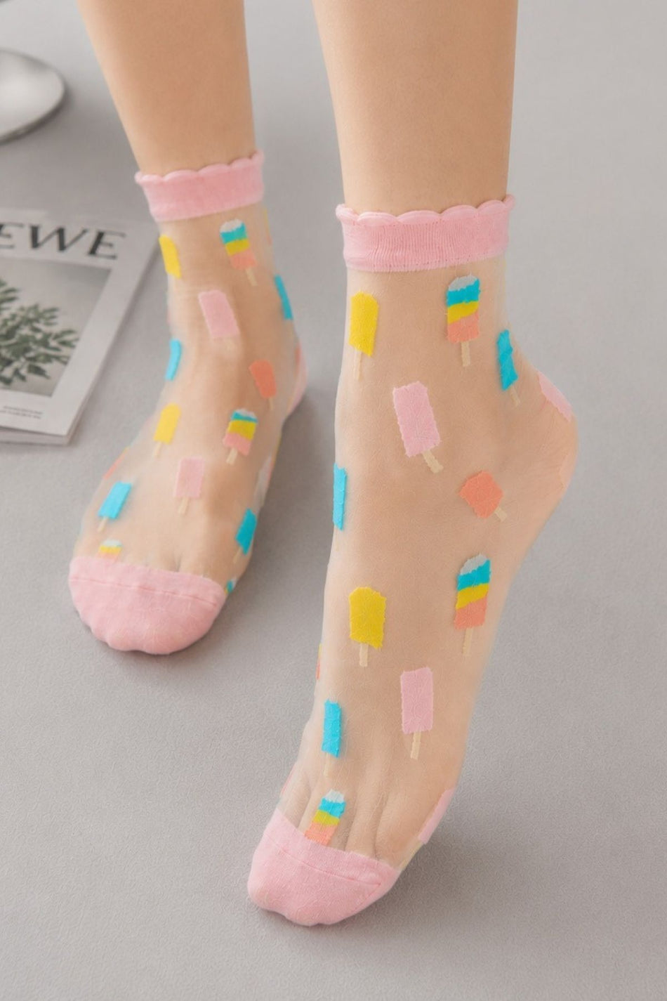 Women's Multicolored Ice Cream Patterned Transparent Tulle Socks - MALLTURK