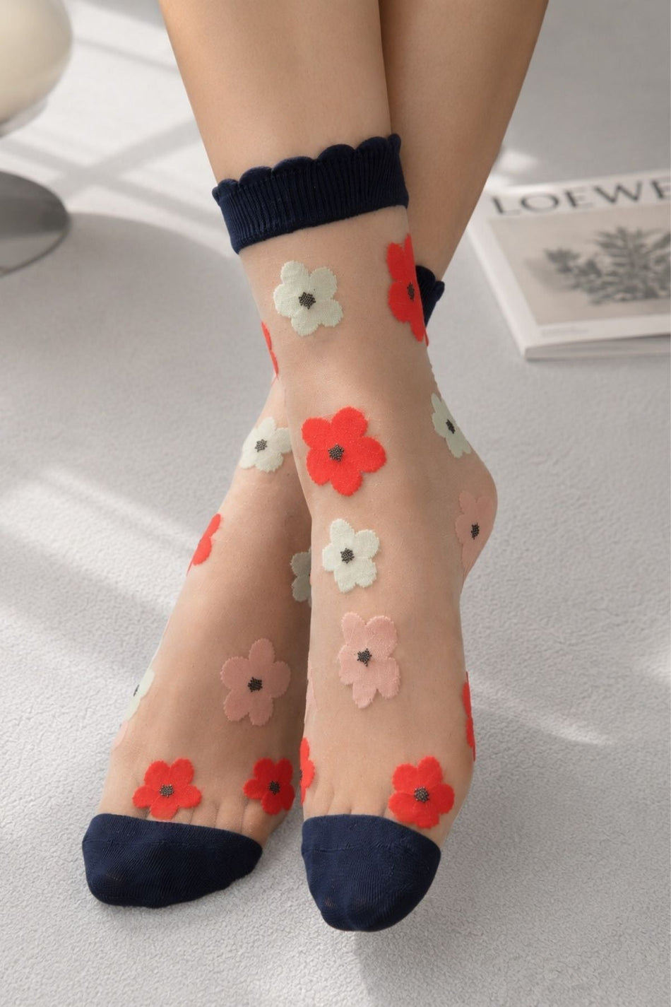 Women's Navy Blue Floral Patterned Transparent Tulle Contrast Detailed Socks - MALLTURK