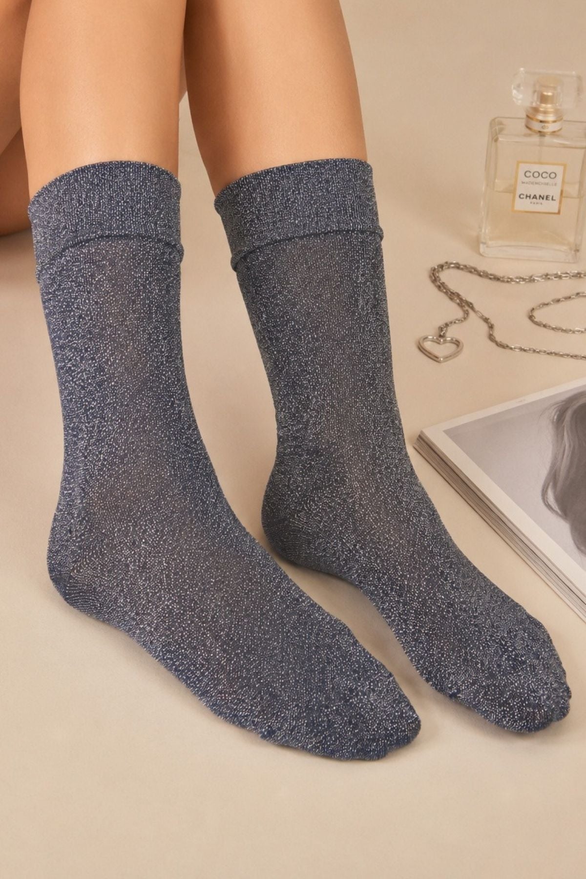 Women's Navy Blue Glittery Shiny Thin Flexible Socks - MALLTURK