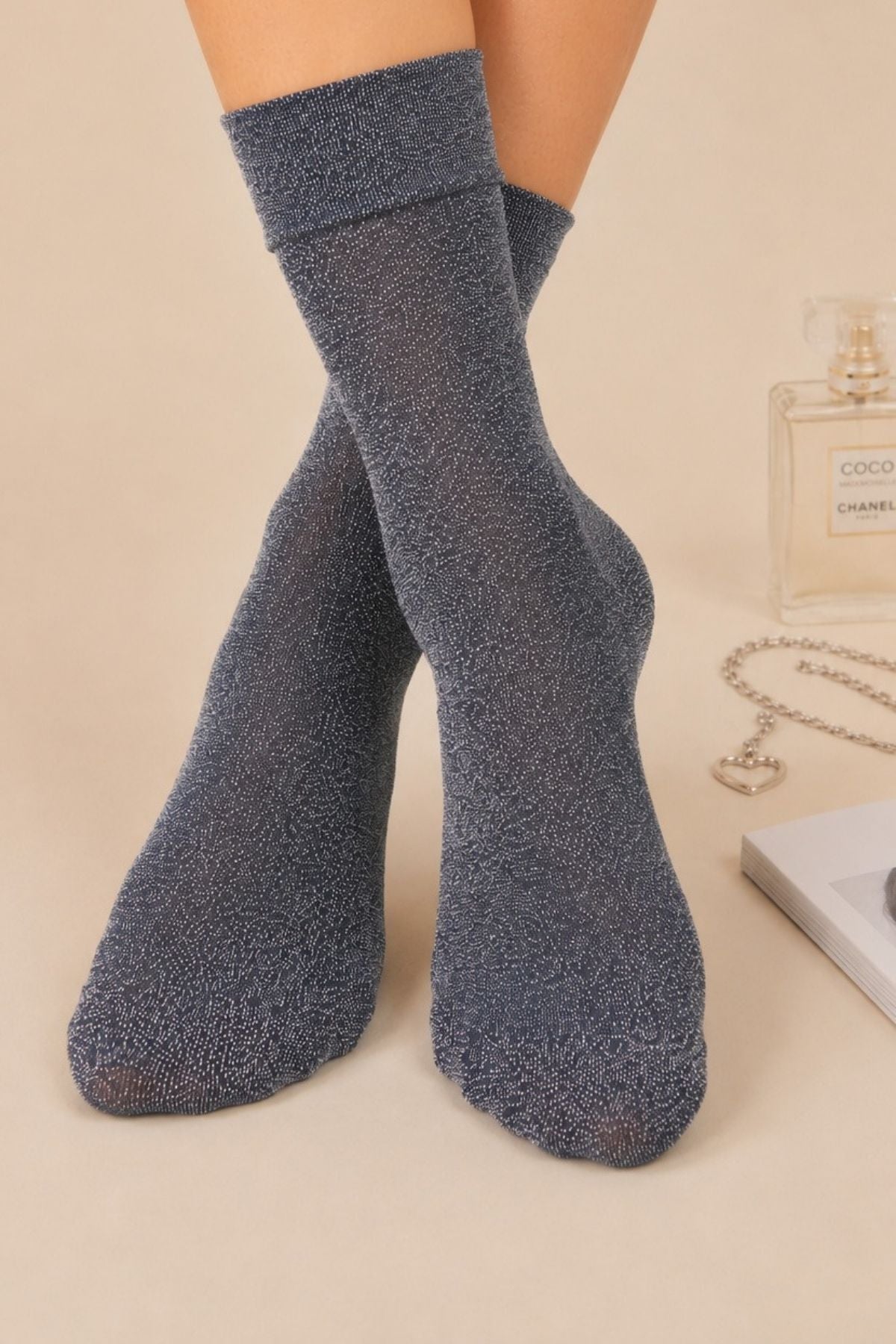 Women's Navy Blue Glittery Shiny Thin Flexible Socks - MALLTURK
