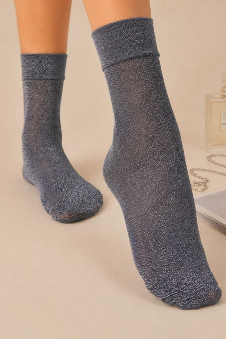 Women's Navy Blue Glittery Shiny Thin Flexible Socks - MALLTURK