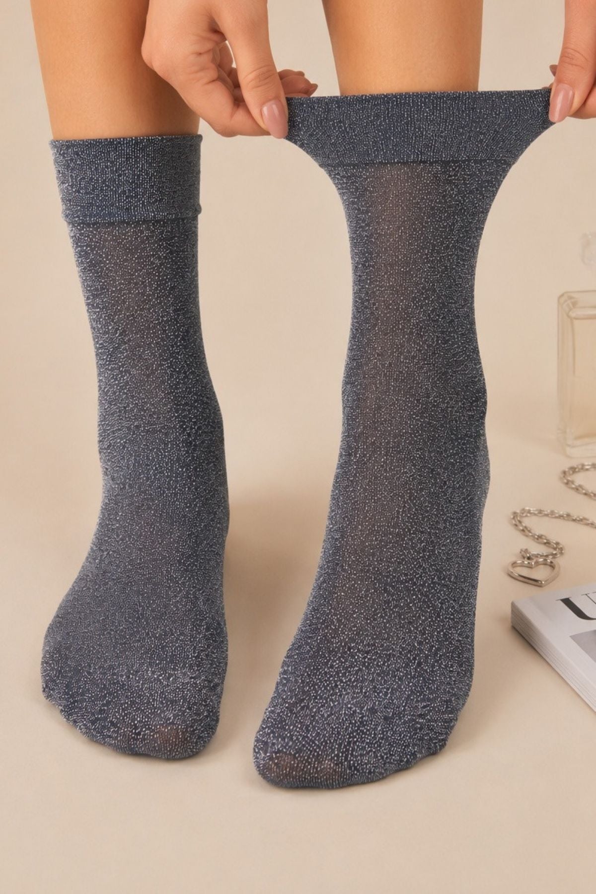 Women's Navy Blue Glittery Shiny Thin Flexible Socks - MALLTURK