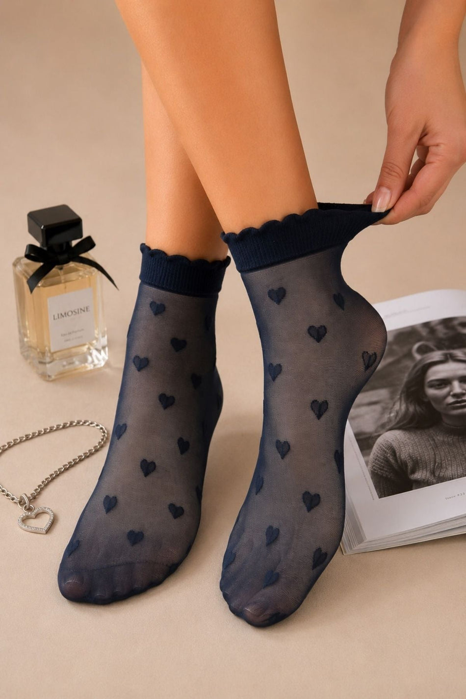 Women's Navy Blue Heart Patterned Ruffled Thin Transparent Socks - MALLTURK