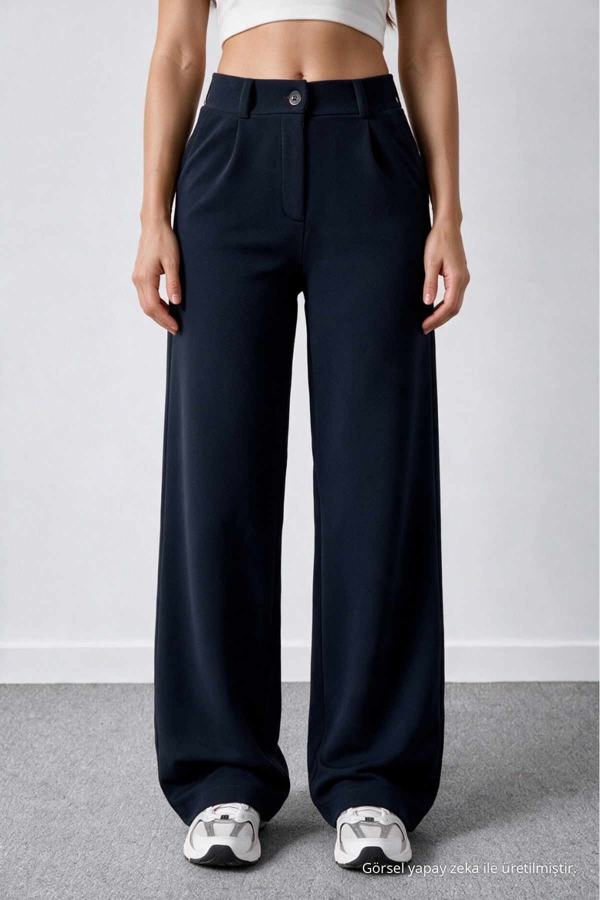 Women's Navy Blue Lycra Palazzo Loose Wide Leg Trousers - MALLTURK