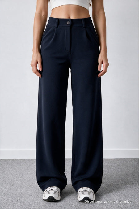 Women's Navy Blue Lycra Palazzo Loose Wide Leg Trousers - MALLTURK