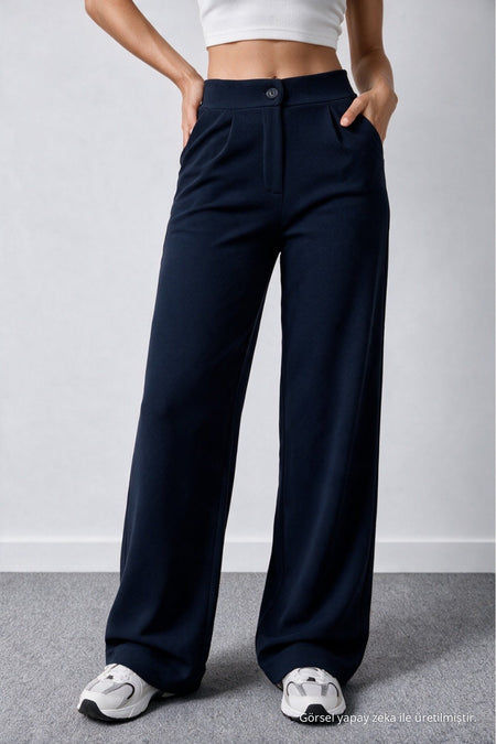 Women's Navy Blue Lycra Palazzo Loose Wide Leg Trousers - MALLTURK
