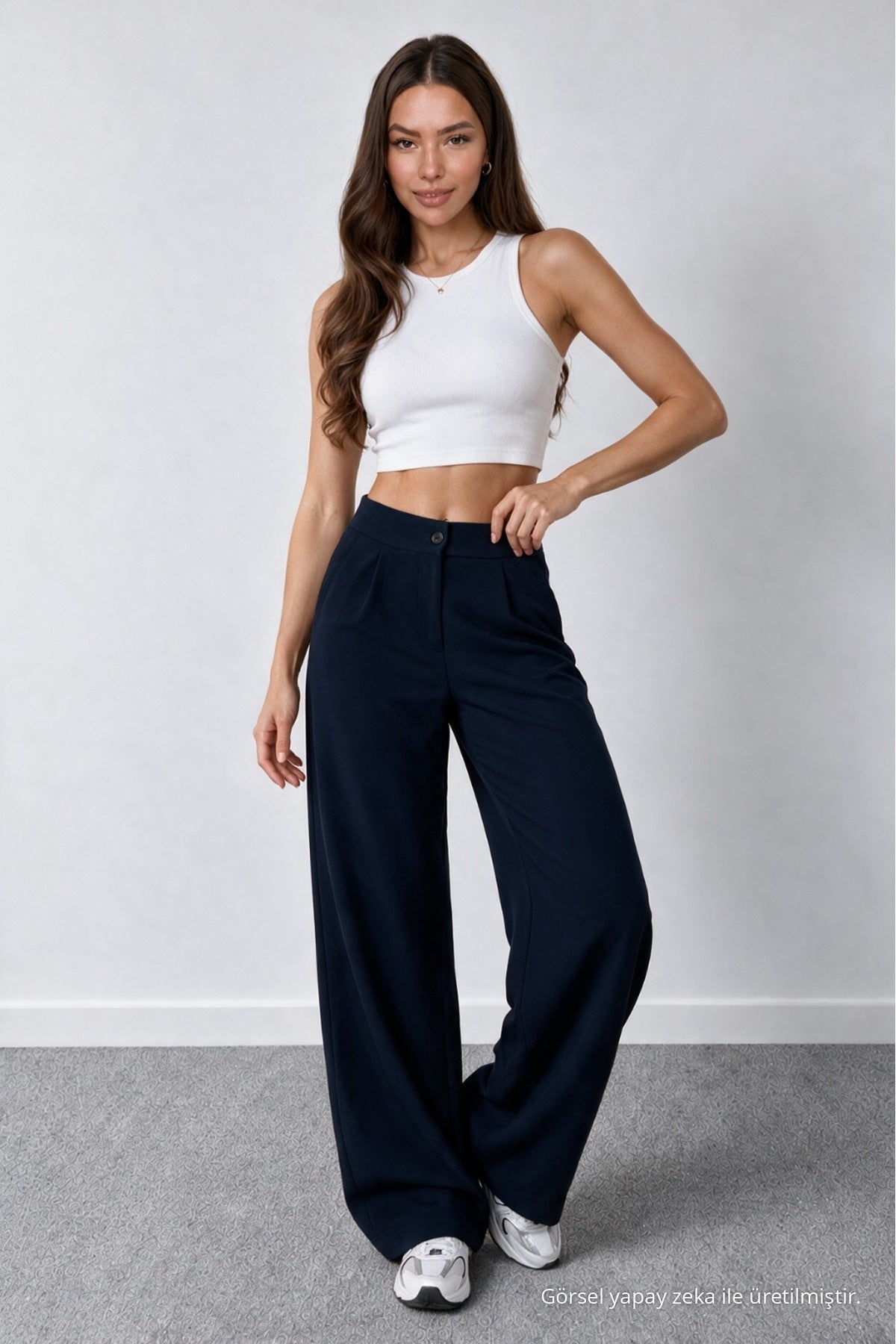 Women's Navy Blue Lycra Palazzo Loose Wide Leg Trousers - MALLTURK